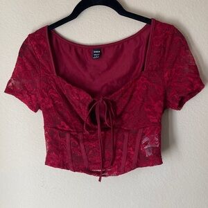 ❤️Valentine's Day Red Lace Crop Top with Bow and Faux Corset Detail